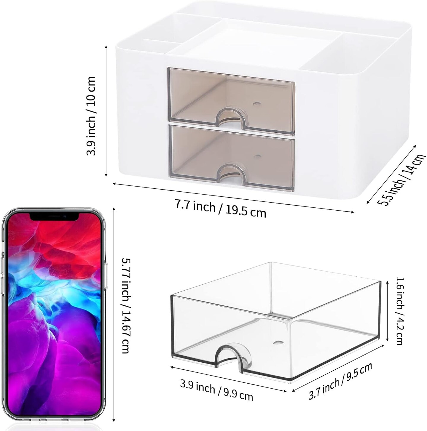 Desk Organiser with Two Drawers, Plastic Desktop Pen Pencil Card Holder Storage Box for Desk, Office Supplies, Vanity Table Office School Home (White)