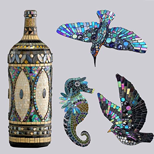 LITMIND Iridescent Glass Mosaic Tiles for Crafts, 240 Pieces 5 Shapes Mixed Stained Glass Sheets, Mosaic Kits for Adults (Iridescent Black)