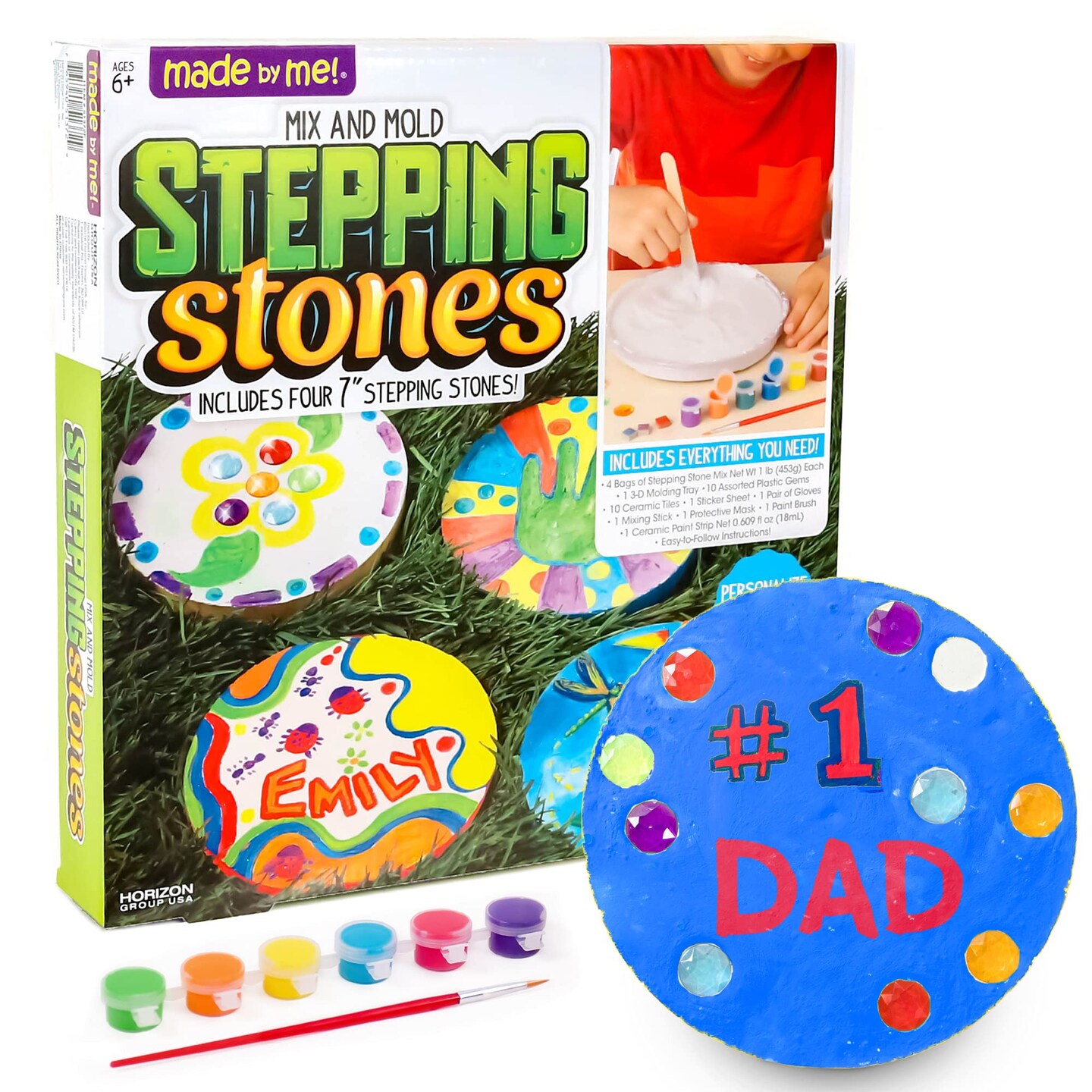 Made By Me Mix &#x26; Mold Stepping Stones, Make 4 DIY Personalized 7-Inch Ceramic Stepping Stones, Includes 3D Mold, Ceramic Paints, Ceramic Tiles, &#x26; Assorted Gems, Paint Your Own Stepping Stones
