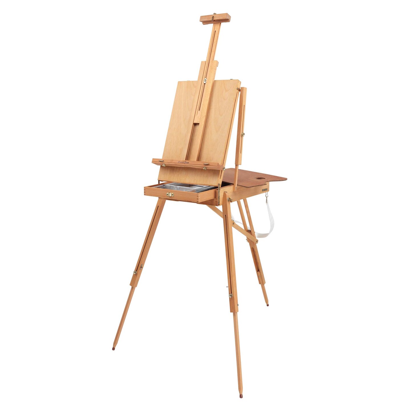 Grand Luxe French Easel - Oiled Beechwood Artist Easel with Brass Fittings, Adjustable Dividers, and Wood Palette- Plein Air Easel w/ Leather Handle and Linen Strap for Canvases up to 34" High