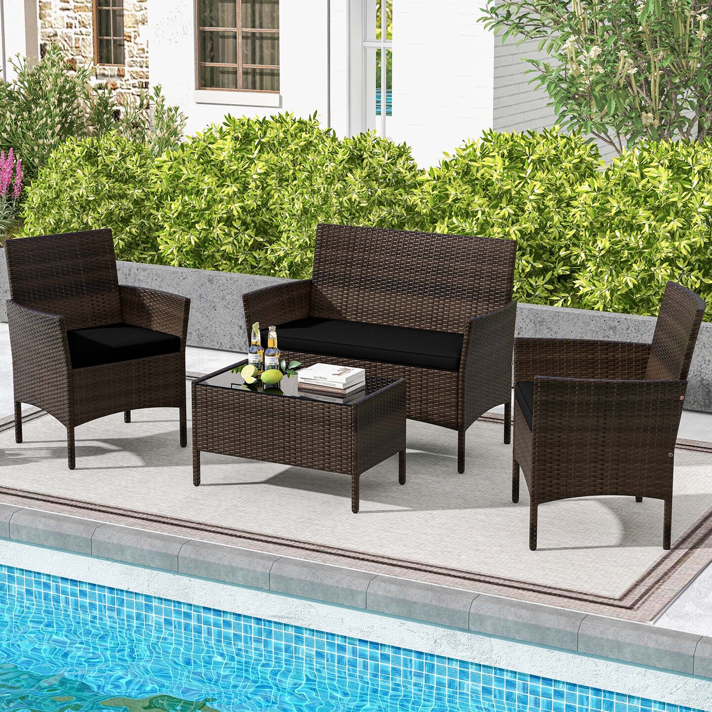 Costway 4 PCS Patio Furniture Set with Washable Cushions and Tempered Glass Coffee Table Beige/Black/Navy/Grey/Turquoise/Red/Blue/Orange