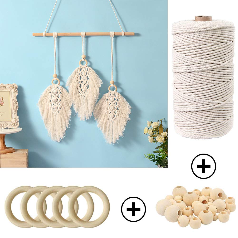 120 Pieces Macrame Kits for Beginners 3mm x 109yards Natural Cotton Macrame Cord with Wooden Beads &#x26; Rings,Wooden Sticks,Metal Rings Macrame Supplies Best for Macrame Plant Hanger