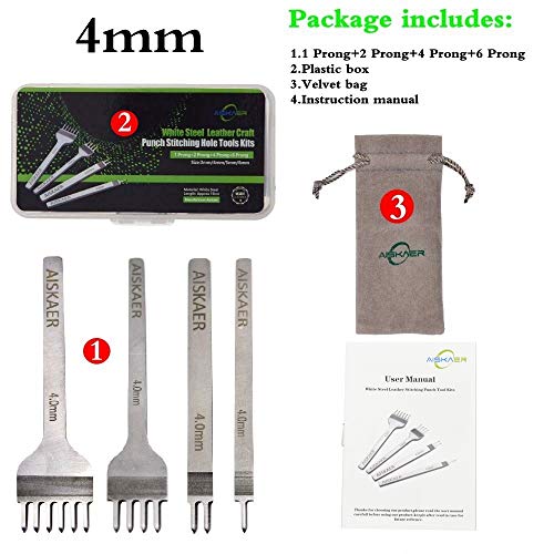 Leather Stitching Punch Diamond Stitching Chisel Set, 4mm White Steel 1/2/4/6 Prong for Leather Craft DIY