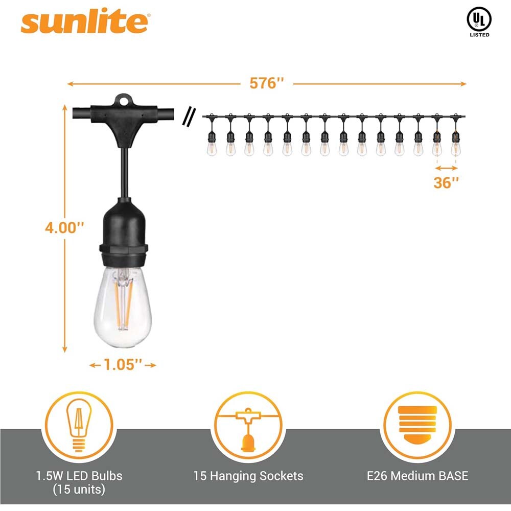 Sunlite 48ft 22.5W LED S14 Waterproof 15 Sockets 2700K Outdoor String Light Bulb