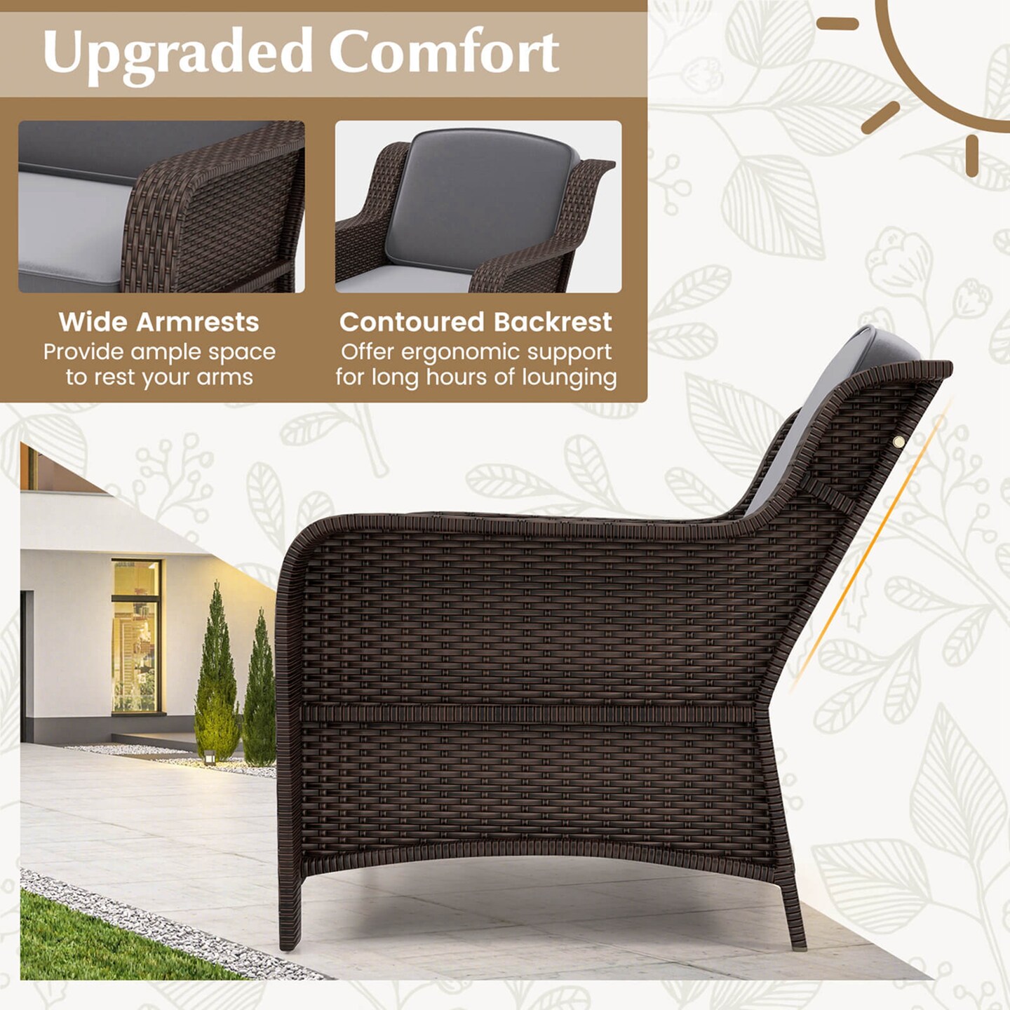 Costway 3 PCS Outdoor Patio Furniture Set with Cushions and Tempered Glass Coffee Table