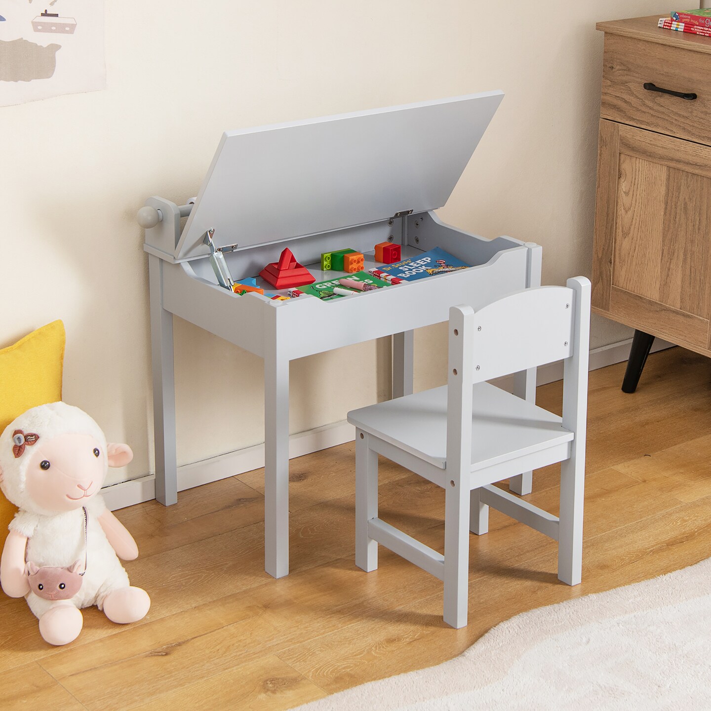 Costway Toddler Craft Table &#x26; Chair Set Kids Art Crafts Table withPaper Roll Holder Grey/White