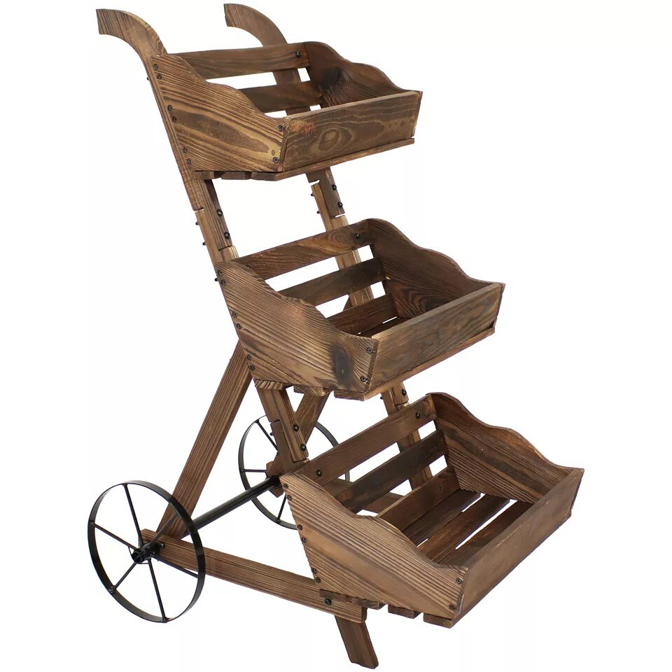 39.25 in 3-Tier Wood Rolling Planter Box with Iron Wheels - Brown