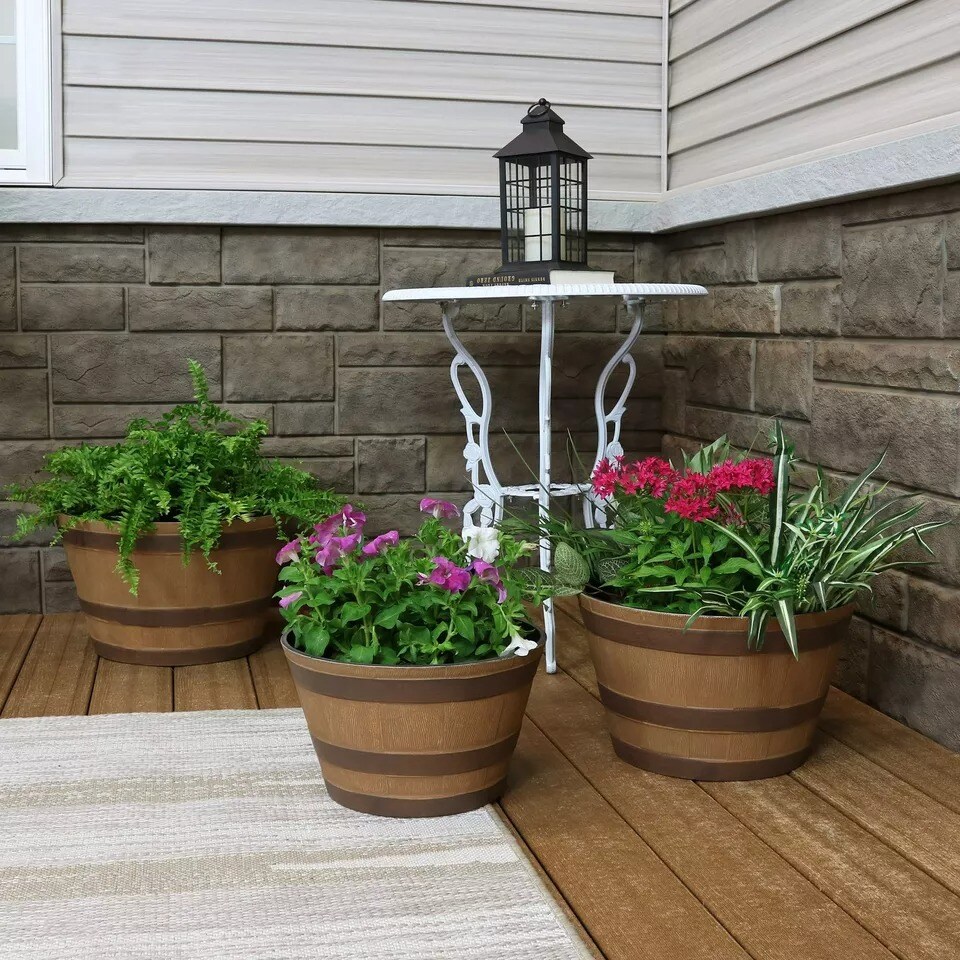 Resin Rustic Cask Outdoor Planter 13 in, 15 in, 17 in - Set of 3