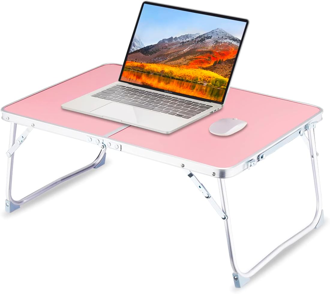 Foldable Laptop Desk: SUVANE Breakfast Serving Bed Tray, Portable Mini Picnic Table Storage Space Lap Desk Reading Holder (Pink)