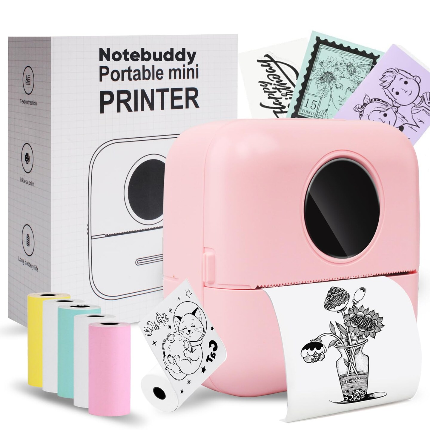 Notebuddy Mini Portable Printer, Bluetooth Smart Pocket Inkless Thermal Printer with 5 Roll Papers for Journal/DIY Scrapbook/Travel/Notes/Lists/Label/Memo, Receipt Printer for iOS&Android