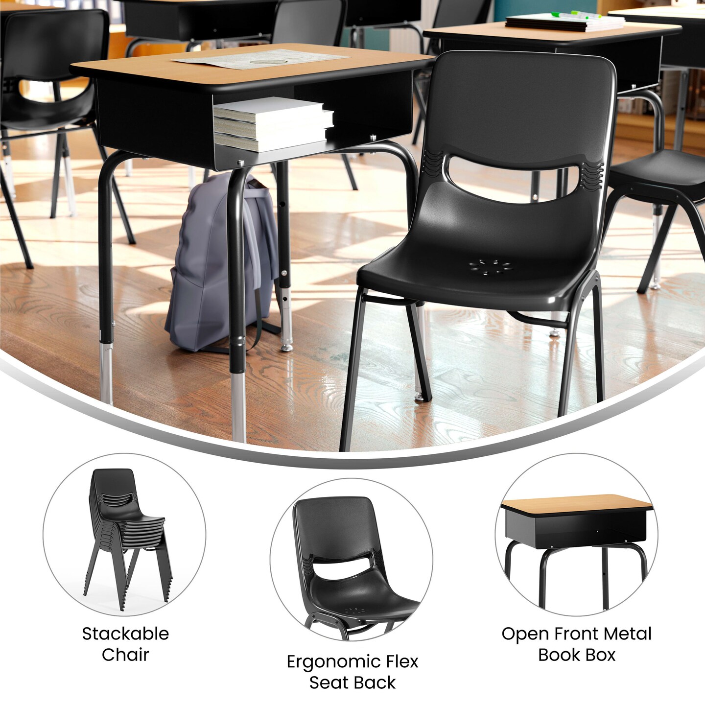 Emma and Oliver Jacobs Desk/Chair Set with Metal Open Front Storage Box, Desktop, Metal Frame and Stackable Flex Comfort Classroom Chair