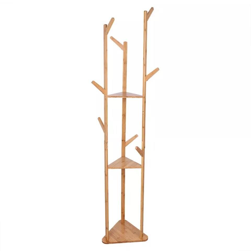 Large Bamboo Wood Clothes Tree Coat Hat Rack Corner Stand w 3 Tier Storage Shelf