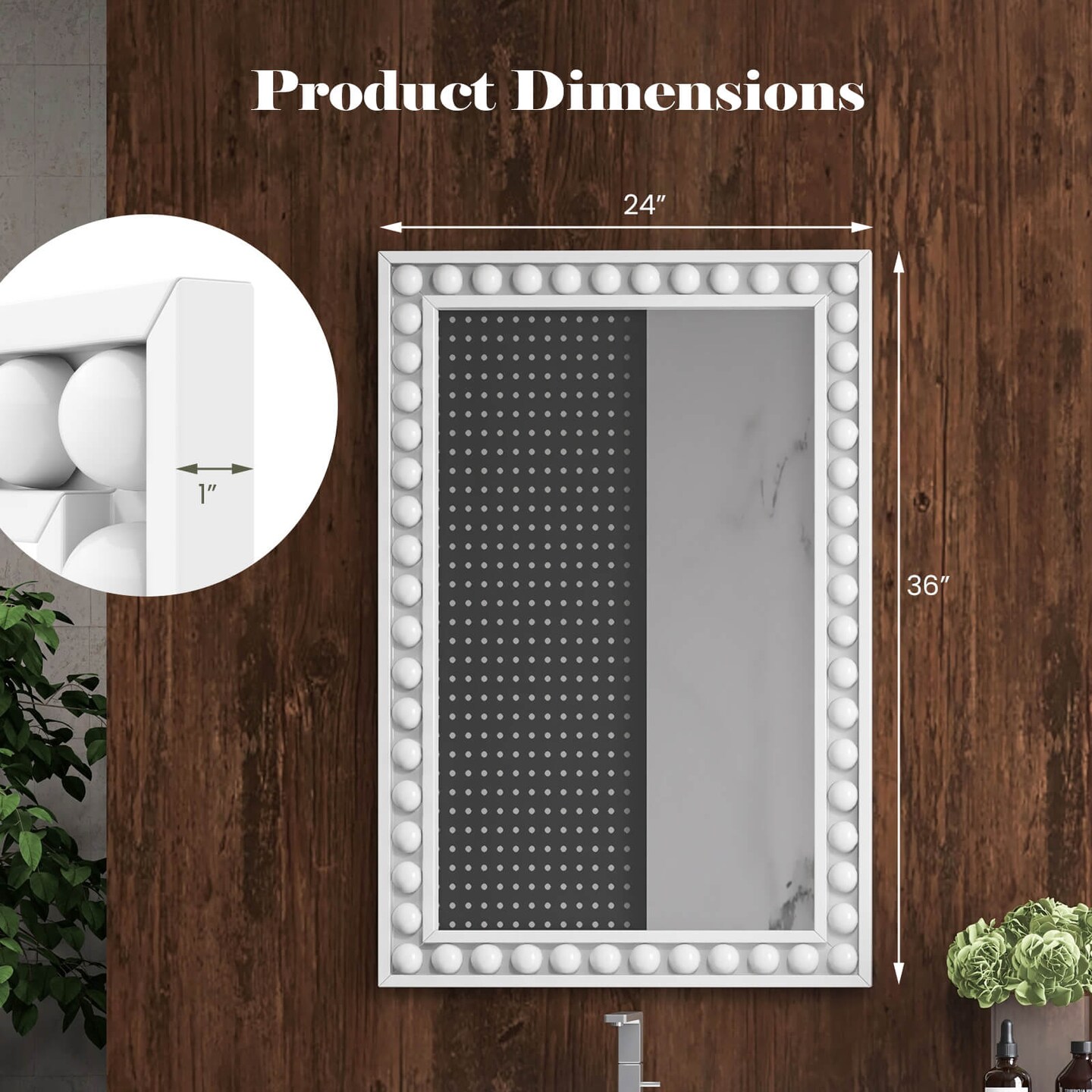 Costway 24&#x22; x 36&#x22; Rustic Decorative Wall Mirror with Solid Wood Frame Beads for Living Room Brown/White