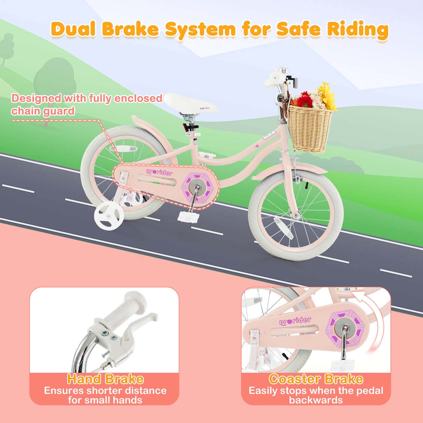 Prorider 16&#x22; Kid&#x2019;s Bike with Training Wheels Adjustable Handlebar Seat Handbrake Blue/Green/Pink
