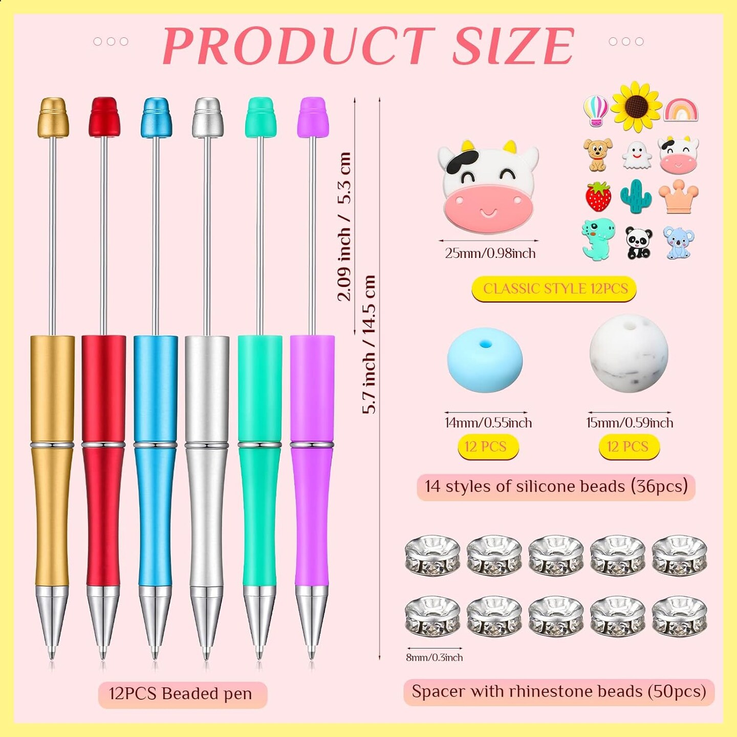 12 Pieces Beadable Pens Kit with Silicone Focal Beads, Animal Style, Black Ink, for DIY School Supplies