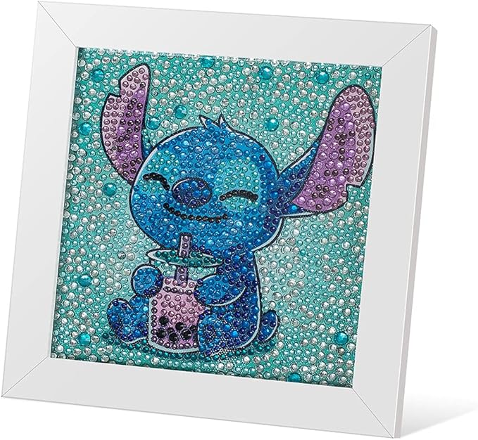 5D Diamond Painting Kit for Kids with Wooden Frame Simple Small Anime Diamond Painting Full Drill Diamond Art Gem Painting for Beginners 7X7 inches (Stitch)
