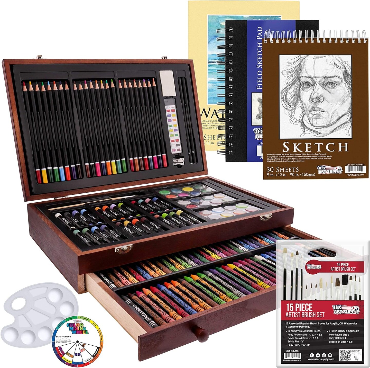 The 162-piece Deluxe Mega Wood Box Art Painting and Drawing Set includes an artist&#x27;s painting pad, two sketch pads, 24 watercolor paint colors, 24 oil pastels, 24 colored pencils, 60 crayons, and two brushes.