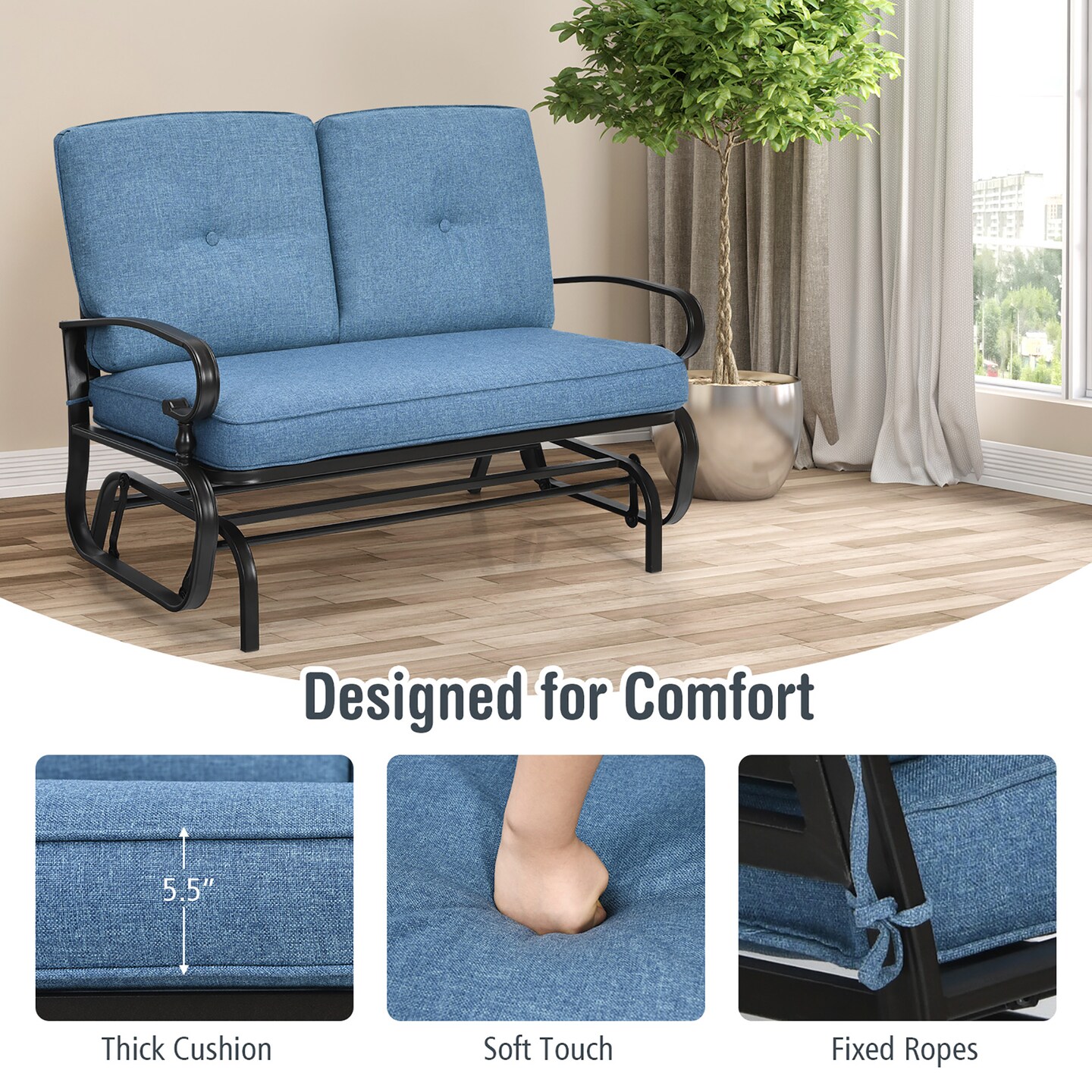 Costway 2-Person Outdoor Swing Glider Chair Bench Loveseat Cushioned Sofa Blue/Beige/Grey/Navy