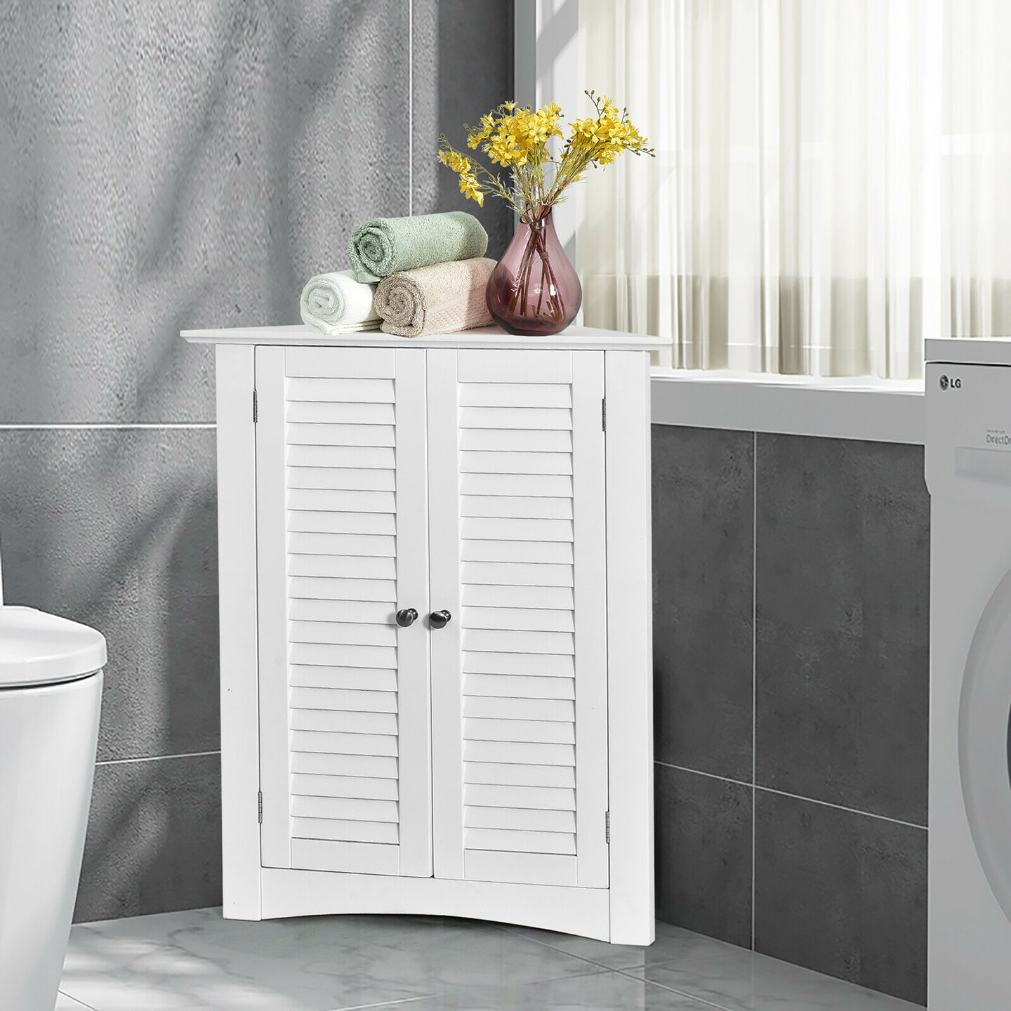 Costway Corner Storage Cabinet Freestanding Floor Cabinet Bathroom w/ Shutter Door White