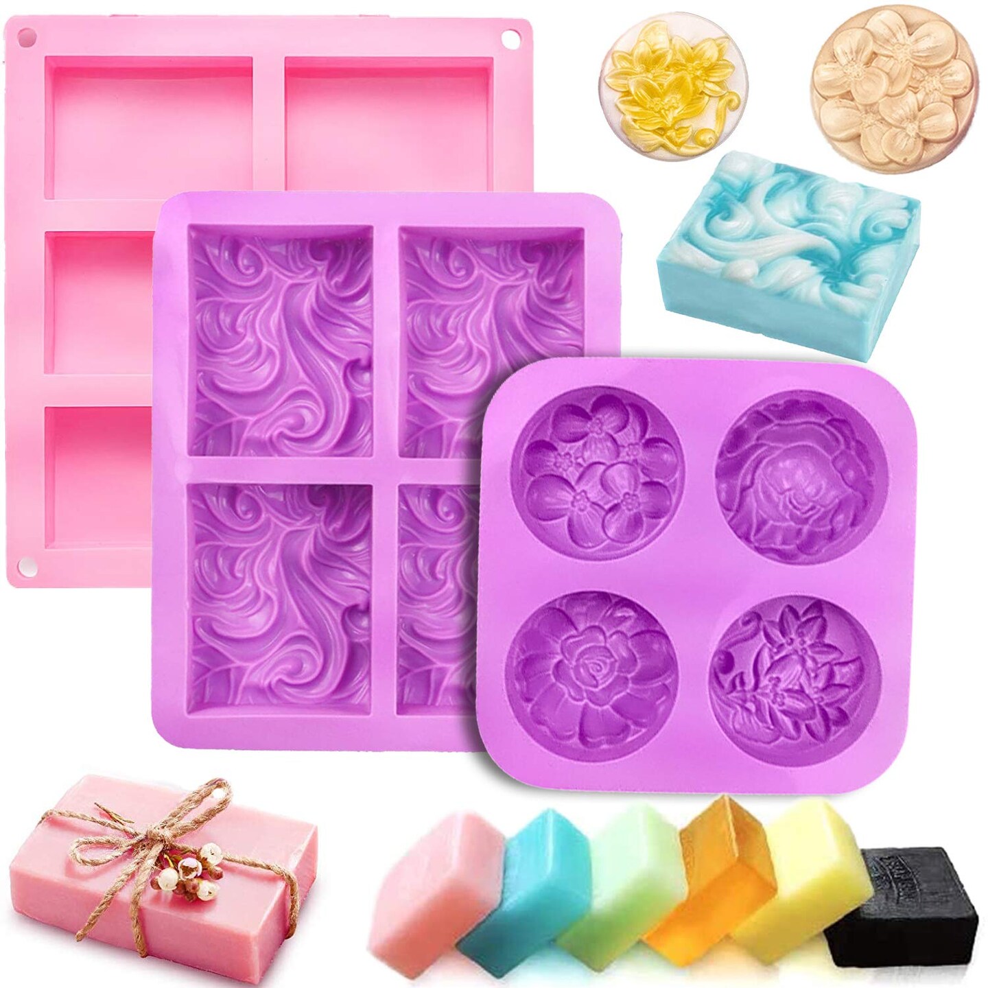 3 Pack Silicone Soap Molds 6 Cavities Silicone Soap Mold Rectangle Oval and Flower Shapes Soap Molds for Soap Making Handmade Cake Chocolate Biscuit Pudding Jelly Ice Cube Tray