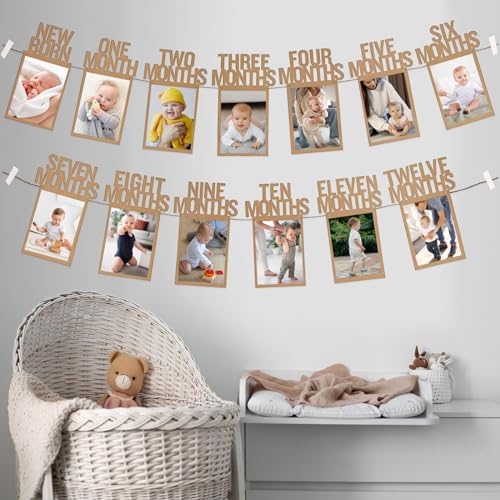 1st Birthday Baby Photo Banner for Newborn to 12 Months, First Birthday Decorations for Boys or Girls, First Birthday Photo Banner Pre-Strung with Frame,Monthly Milestones Birthday Party Kit