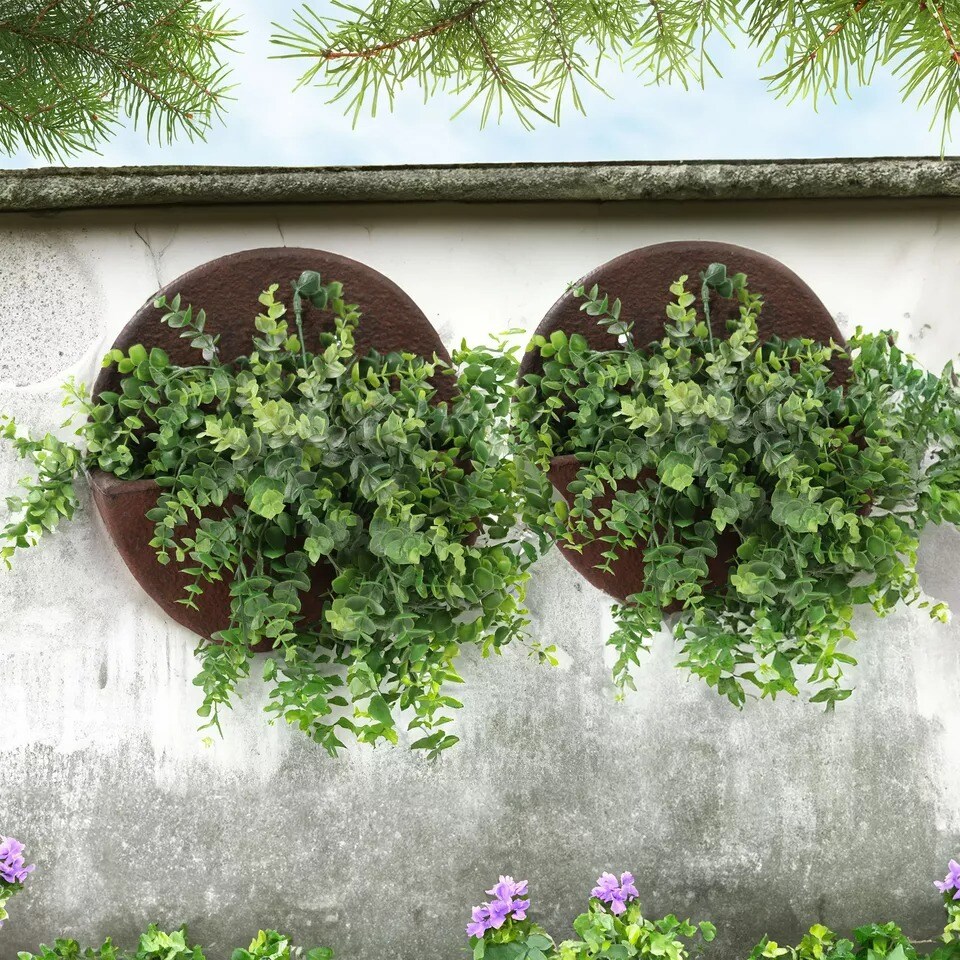 12 in Round Wall-Mounted Outdoor Planter - Dark Brown - Set of 2