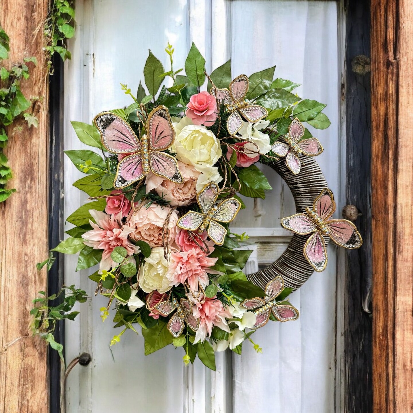 Blushing Butterfly Meadow Wreath 23" - Handmade Wedding, Spring Decor, Mother's day gift - Final sale / Non-returnable and Non-refundable