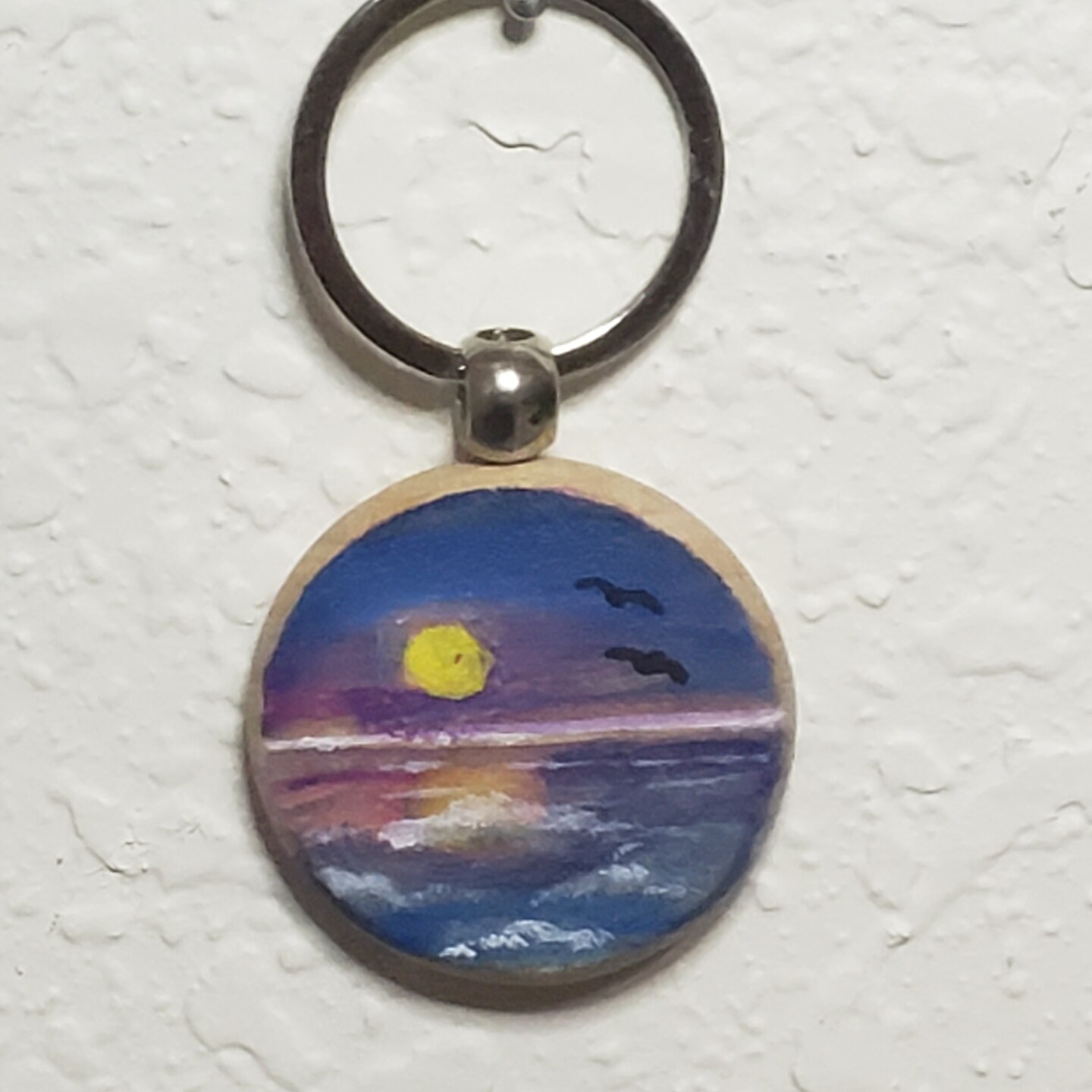 Hand painted wooden keychain - Purple Sky Sunset and Ocean