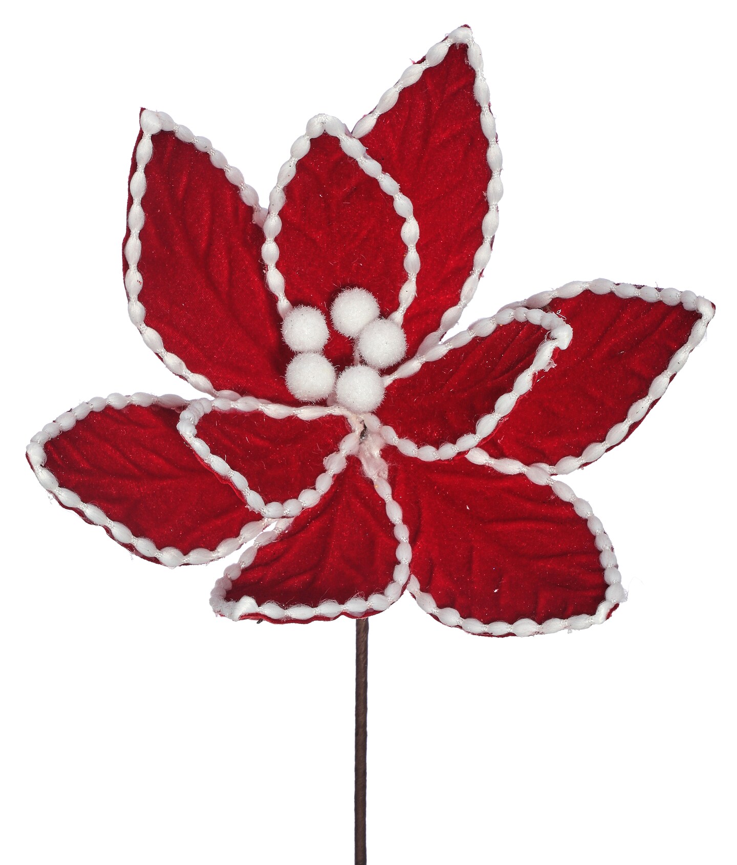 24&#x22; Red Velvet Poinsettia Flower With White Cotton Bead Edge