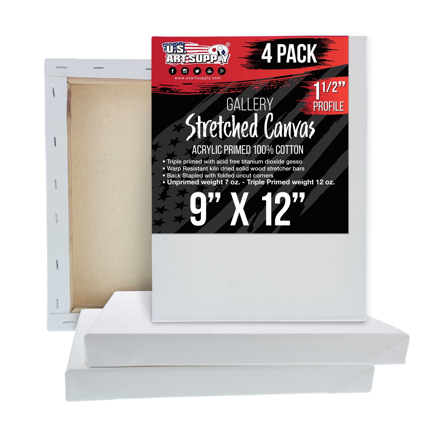 9 x 12 inch Gallery Depth 1-1/2&#x22; Profile Stretched Canvas, 4-Pack - 12-Ounce Acrylic Gesso Triple Primed, - Professional Artist Quality, 100% Cotton