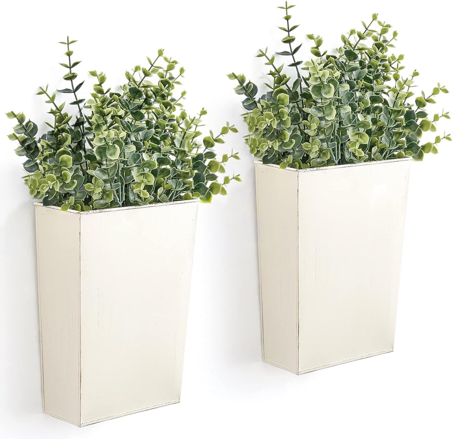 2 Pack Metal Wall Planter with Artificial Plants - Rustic White Hanging Vase for Farmhouse Decor
