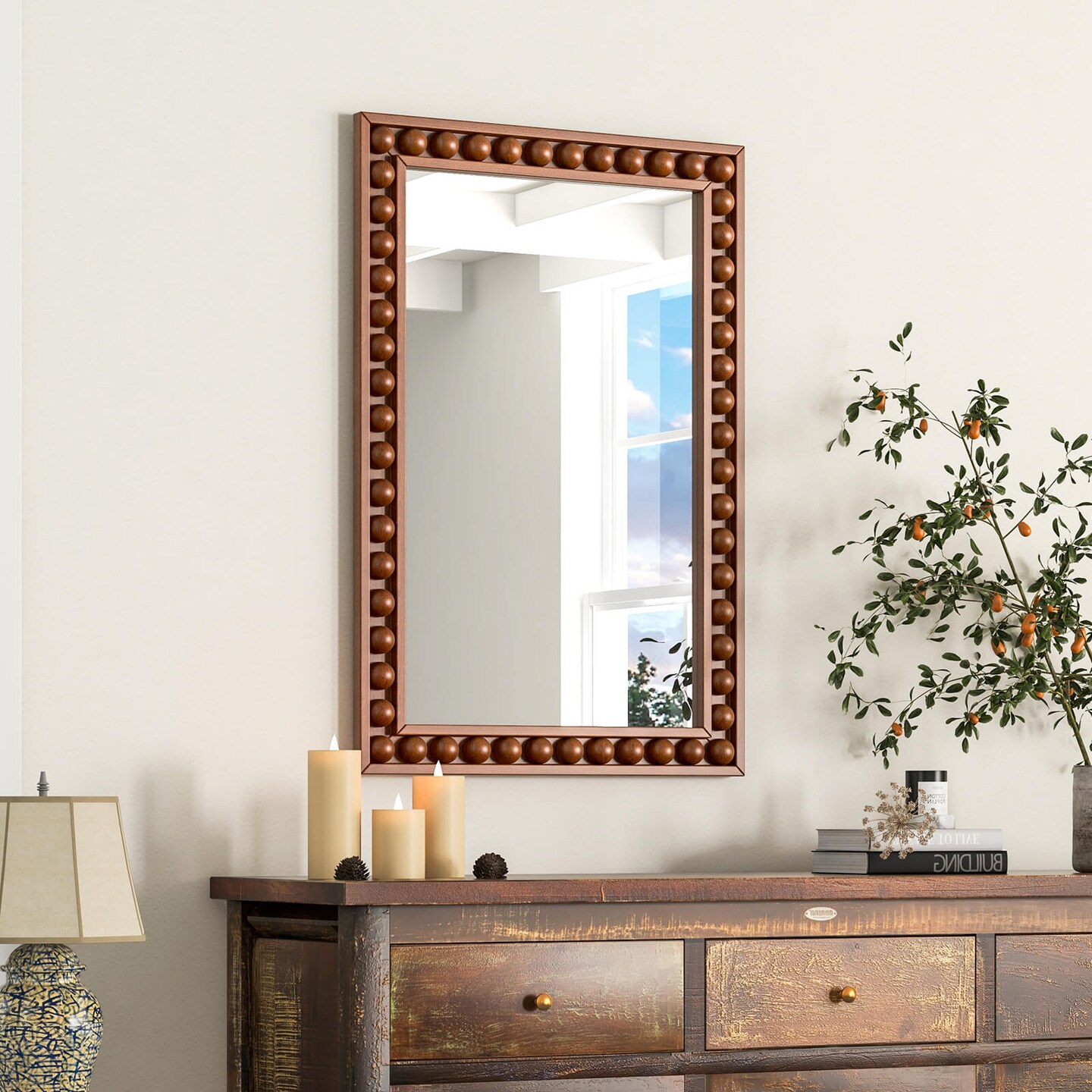 Costway 24" x 36" Rustic Decorative Wall Mirror with Solid Wood Frame Beads for Living Room Brown/White