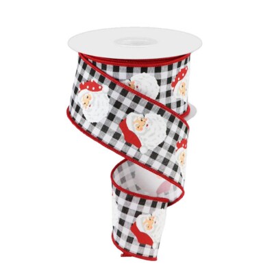 2.5" x 10yd Vertical Santa Heads Check Wired Christmas Ribbon - Black and White Buffalo Plaid with Red Edges -RGC165227