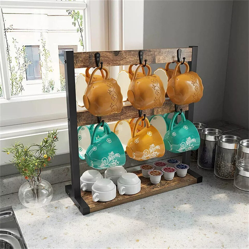 2-Tier Kitchen Coffee Mug Holder Stand Tabletop Cup Display Shelf with 16 Hooks