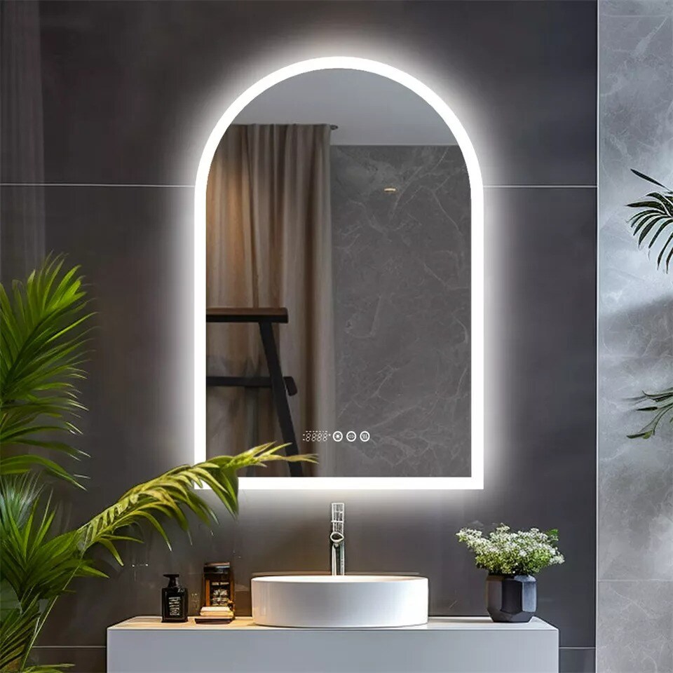 Smart LED Bathroom Mirror Time Date Temp Display Anti-fog Backlit Mirror w Light