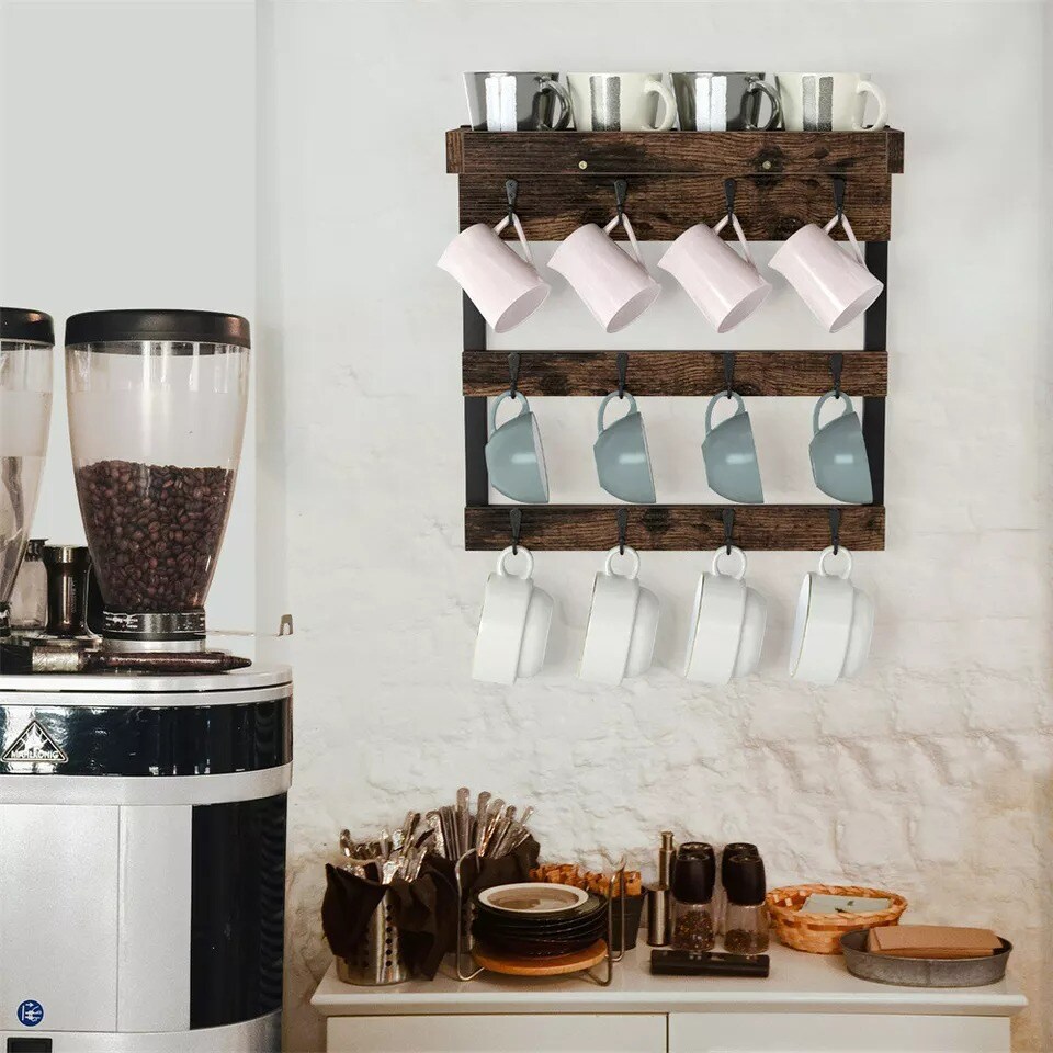 12 Hooks Wood Wall Mounted Coffee Mug Rack Storage Shelf for Kitchen Cafe Office