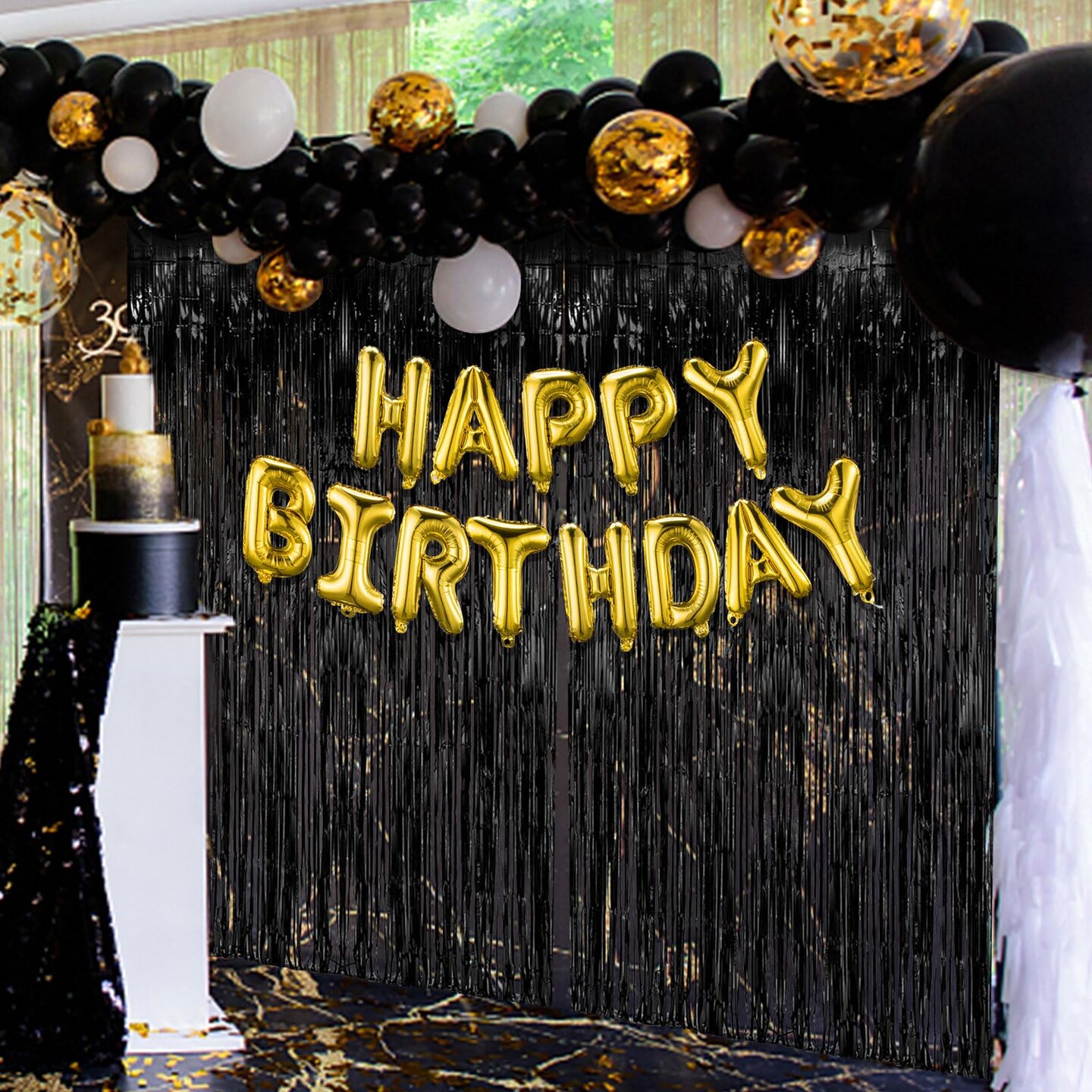2 Pieces Black Party Streamers Backdrop Tinsel Foil Fringe Curtains Halloween Party Decorations Birthday Wednesday Twilight Party Decorations Graduation Wizard Party Supplies