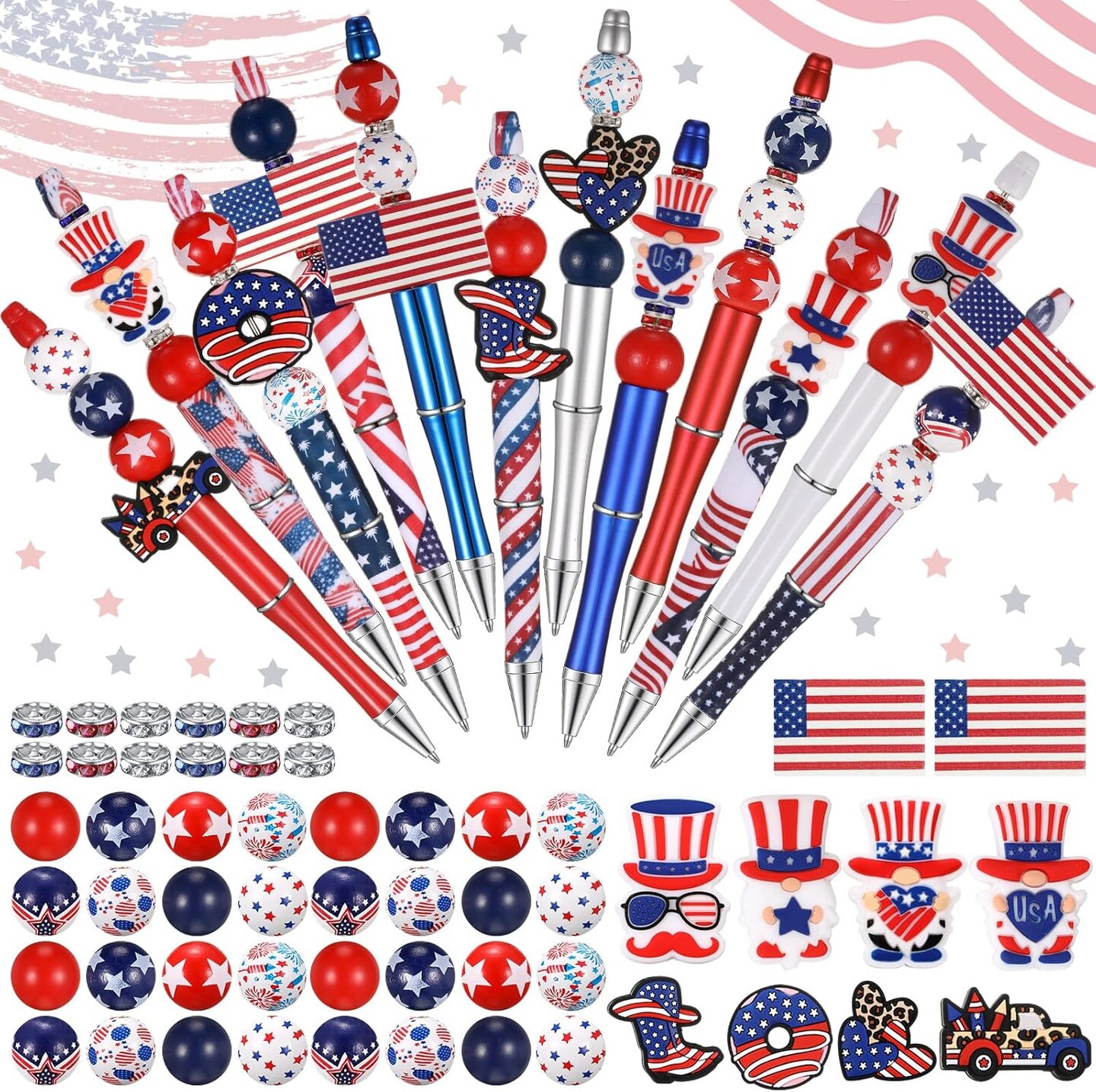 12 Set Beadable Pens DIY Kit - Assorted Beads, Black Ink, American Flag Design