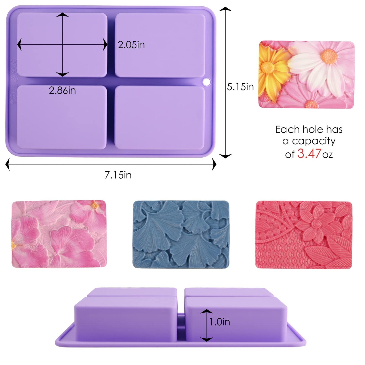 2 Pcs Flower Soap Molds Silicone-4 Cavities Rectangle Soap Mold 3oz,Flower Shapes Silicone Molds for Soap Bath Bombs Shower Steamer Lotion Bars