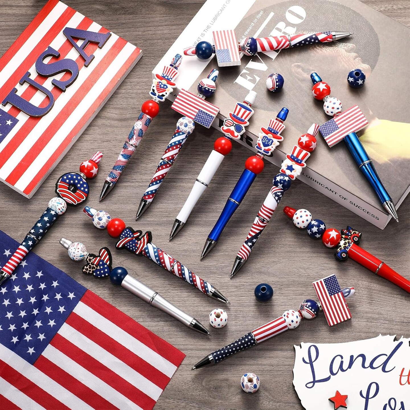 12 Set Beadable Pens DIY Kit - Assorted Beads, Black Ink, American Flag Design