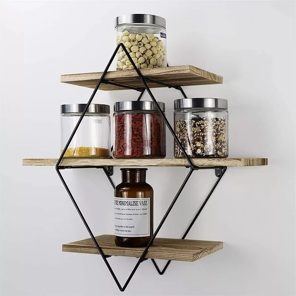 Heavy Duty Floating Shelves Wall Mounted Rustic Wood Geometric Style Decor Shelf
