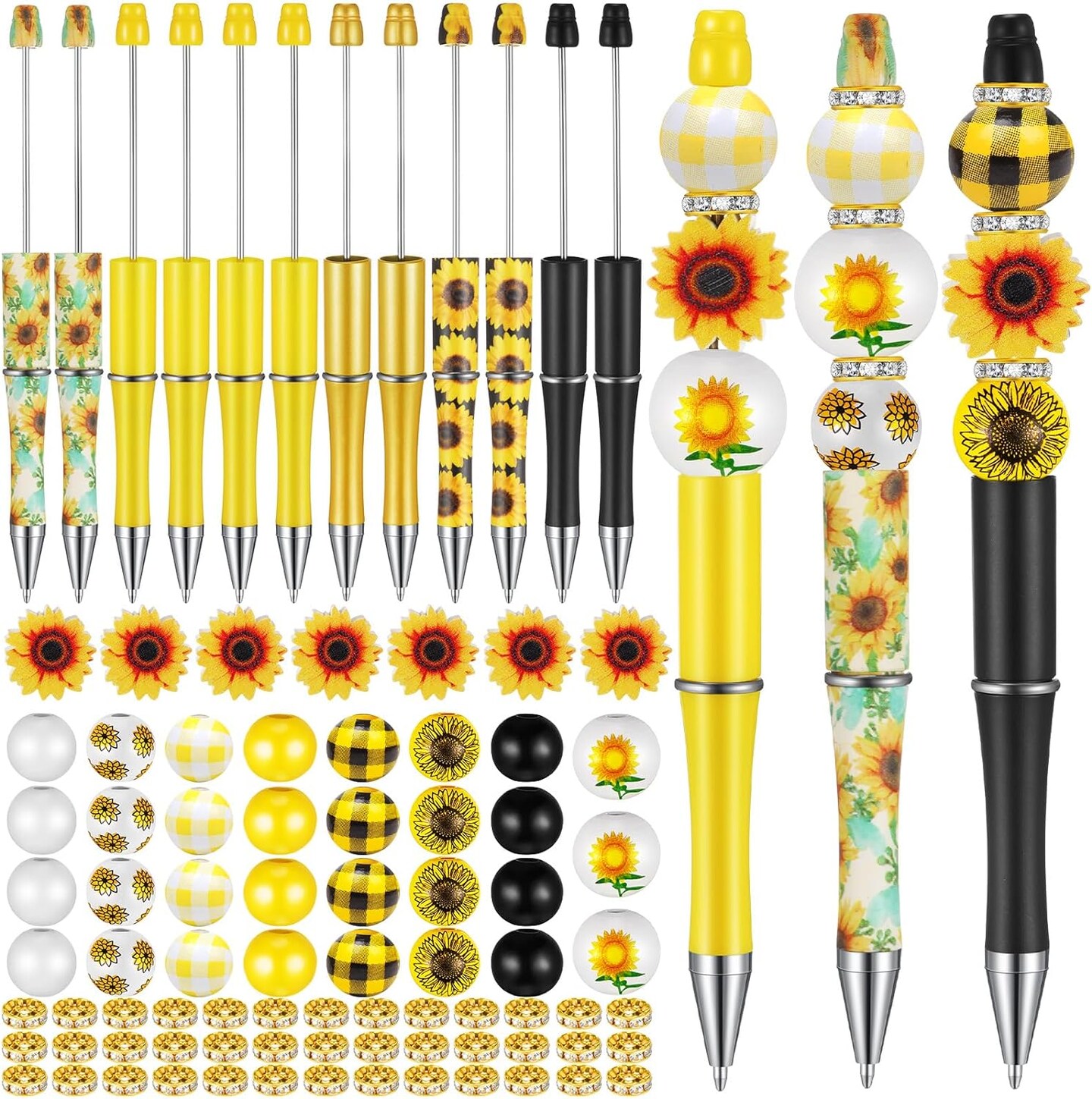 12 Set Beadable Pens DIY Kit - Assorted Beads, Black Ink, Sunflower Design