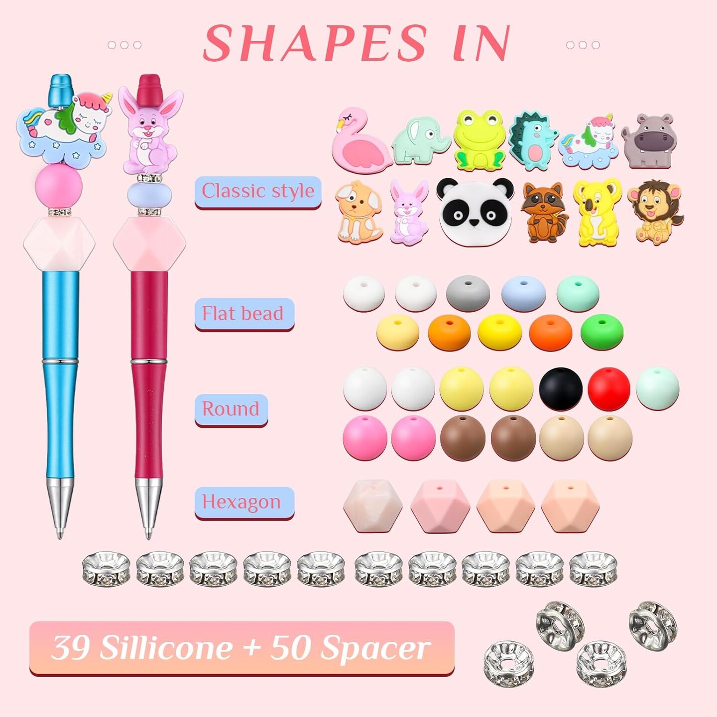 12 Pieces Beadable Pens Kit with Silicone Focal Beads, Animal Style, Black Ink, for DIY School Supplies