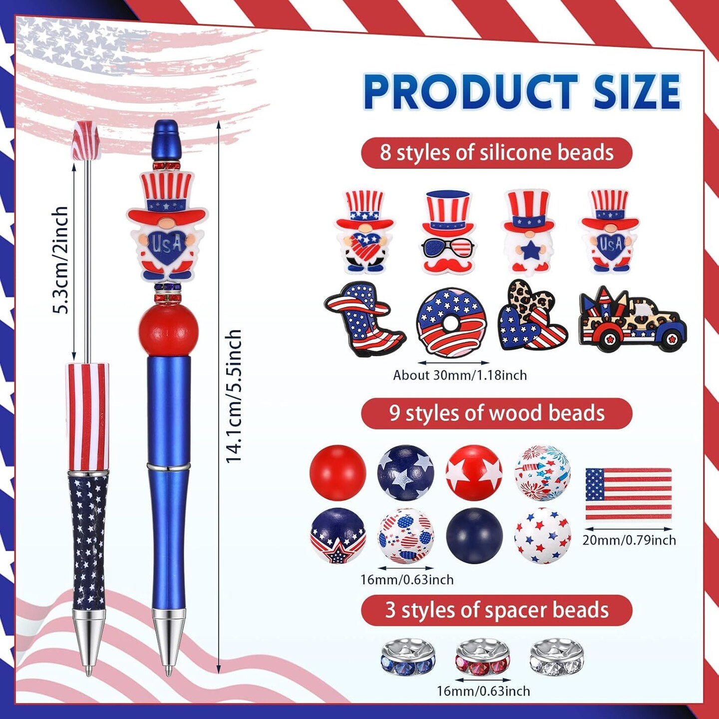 12 Set Beadable Pens DIY Kit - Assorted Beads, Black Ink, American Flag Design