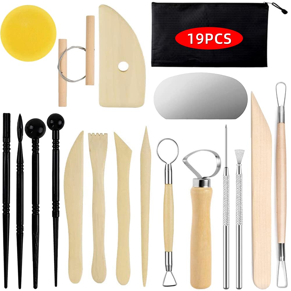 19 Pieces Pottery Clay Sculpting Tools for Polymer, Yagugu 19Pcs Basic Wood Ceramics Carving tool Supplies kit Accessories for Kids, Adults and Artists Modeling Shaping Building for art&#x26;craft