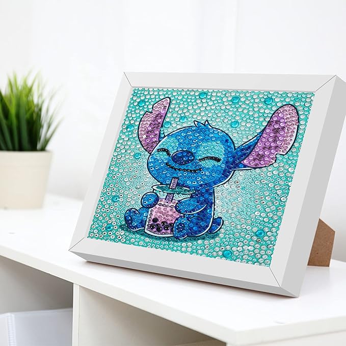 5D Diamond Painting Kit for Kids with Wooden Frame Simple Small Anime Diamond Painting Full Drill Diamond Art Gem Painting for Beginners 7X7 inches (Stitch)