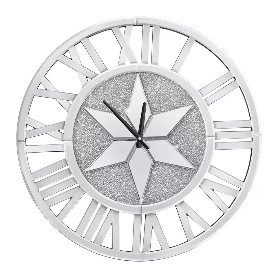 23.6'' Round Mirrored Wall Clock Crushed Diamond Silver Large Real Mirror Clocks