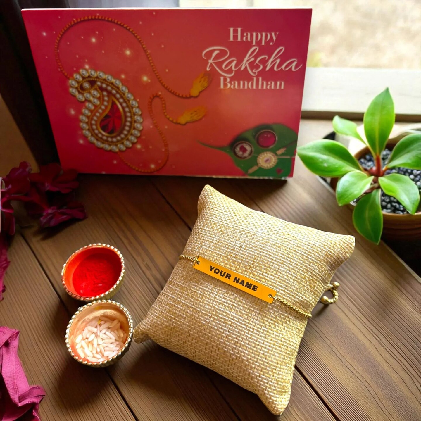 Personalized Stainless Steel Rakhi Bracelet for Sister Bhabhi Custom Engraved Name Adjustable Rakhi Raksha Bandhan Customized Bracelets Rakhi Gift Hamper with Roli Chawal Greeting Card