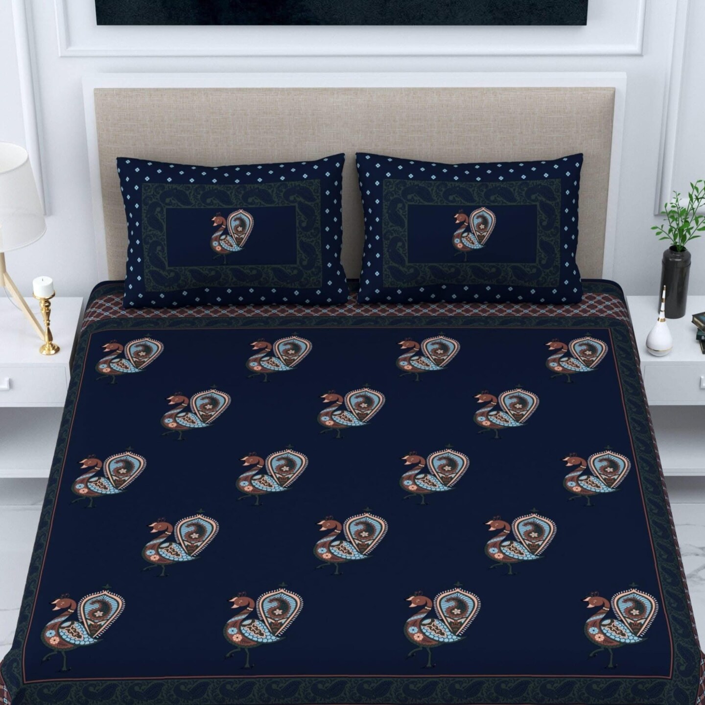 100% Cotton Sheets Indian Ethnic Peacock Printed 3-piece Fitted Sheet with Pillowcases 150 Thread Count Deep Pockets Soft Breathable Bedding Set (king Queen Twin)