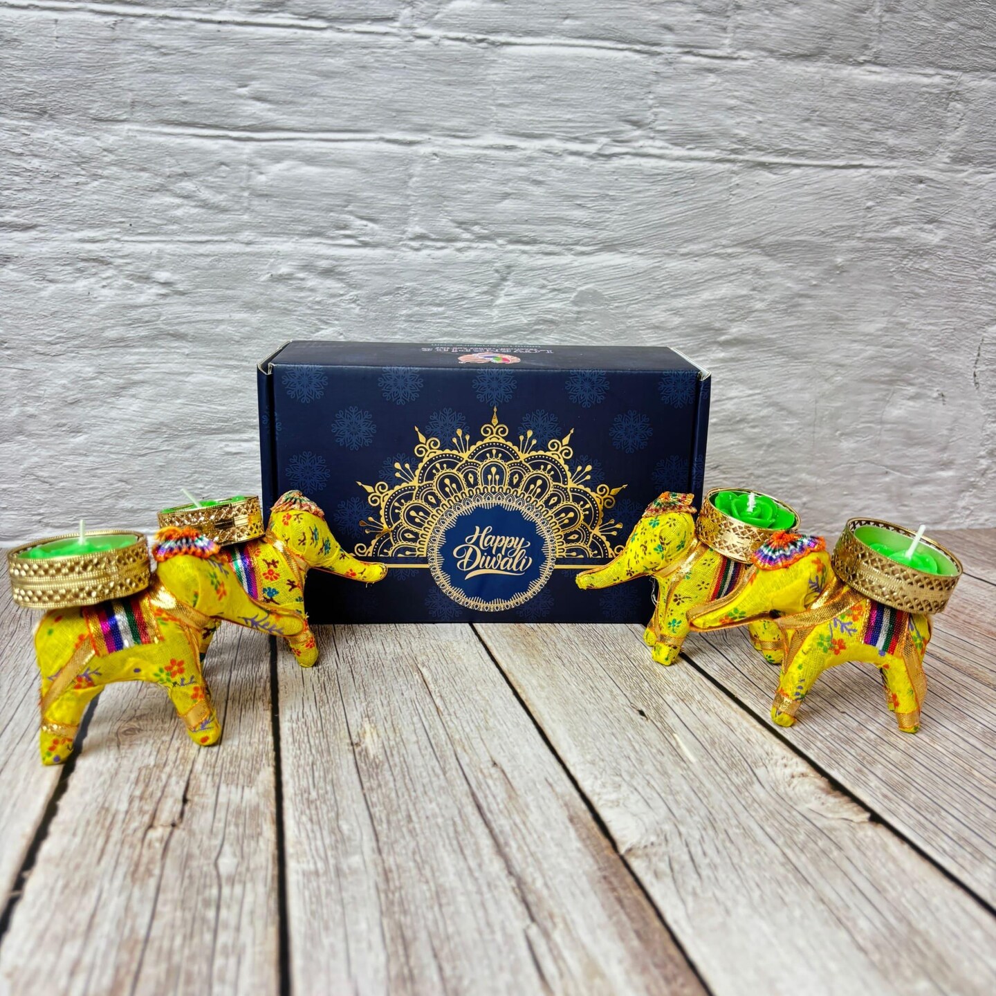 Personalized Diwali Gifts Hamper Set of 4 Elephant Tealight Candle Holder Diwali Custom Gifts Boxes Indian Festival Deepawali Hamper for Employees Home Office Friends Family - Return Gift